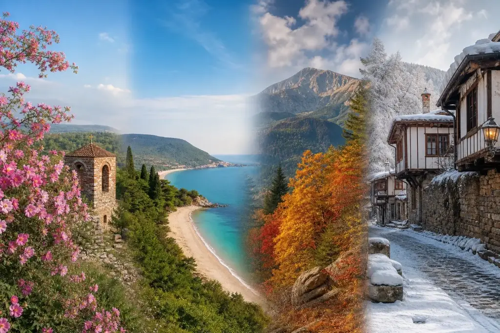 Море, планини и стар град в България като символи на различните сезони на пътуването