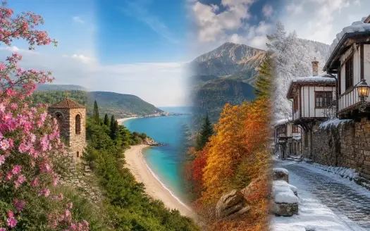 Море, планини и стар град в България като символи на различните сезони на пътуването