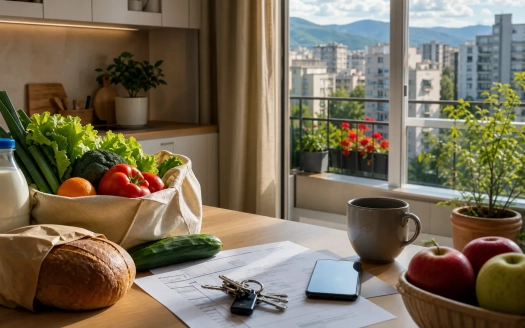 Маса с продукти, ключове и сметки в апартамент в България